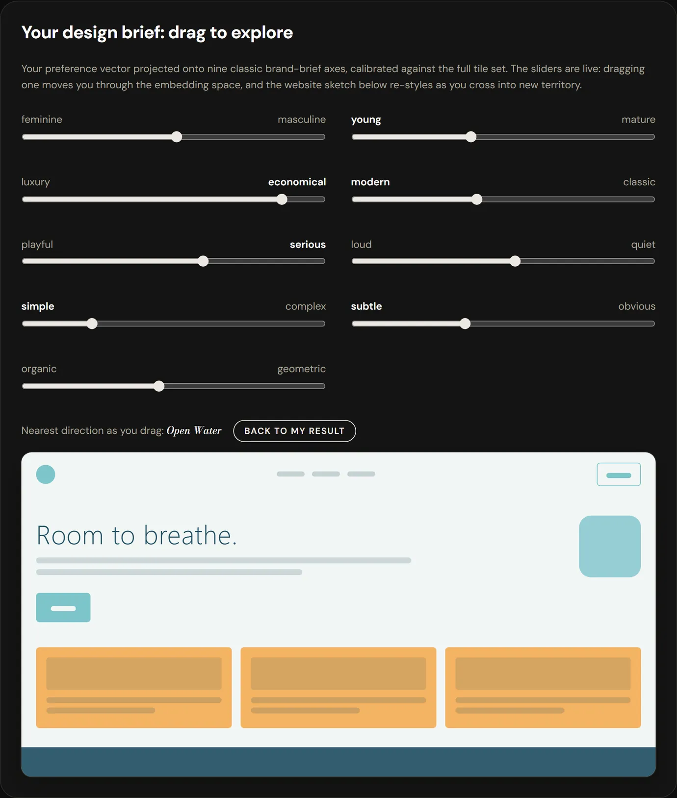 The live website sketch, styled to a quiz result, with the nine design-brief sliders above it
