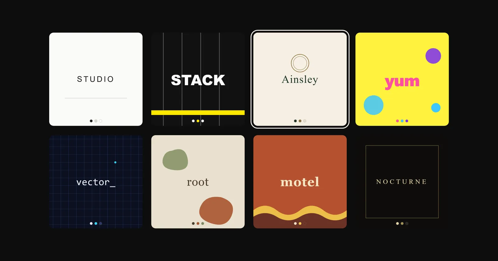 A grid of eight small brand-design tiles in wildly different styles: minimalist, brutalist, heritage serif, playful pop. One heritage tile is ringed in off-white as the chosen one.