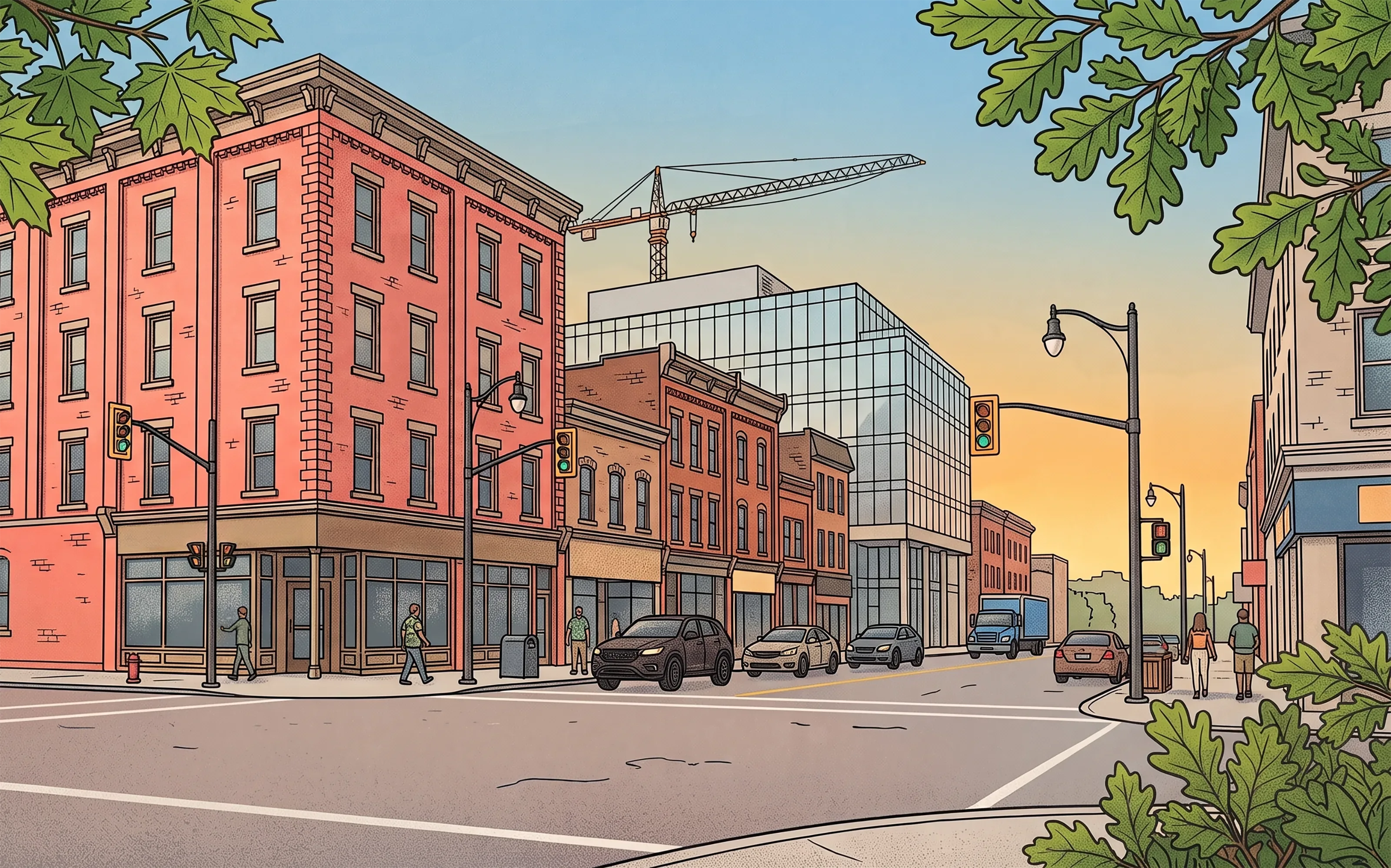 Illustration of a downtown Kingston street corner at sunset, brick storefronts and a construction crane against a warm sky