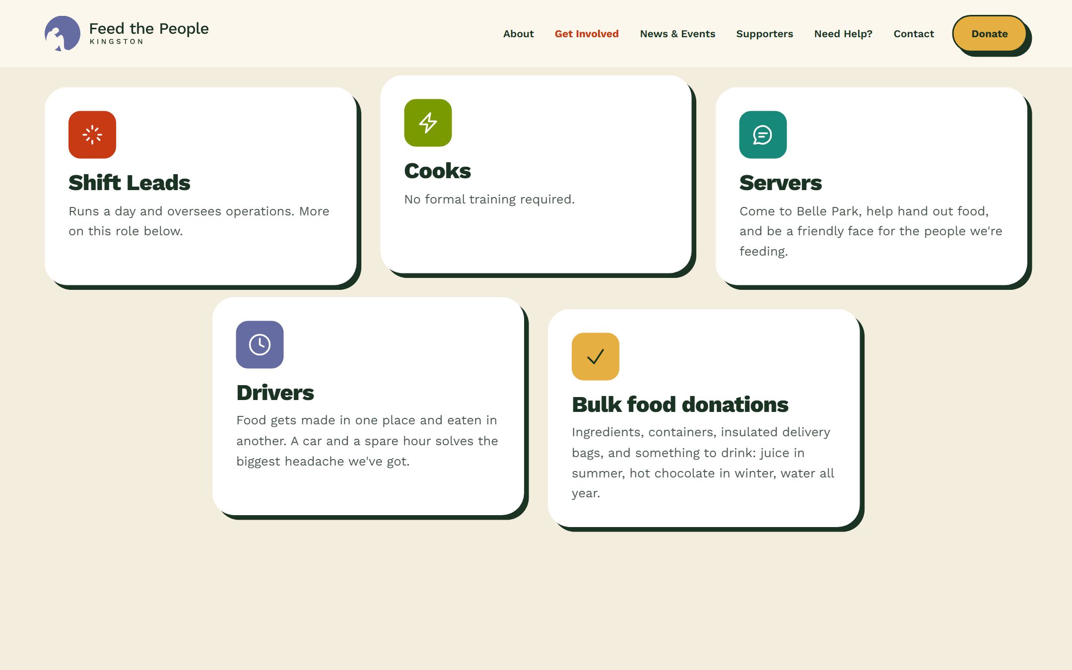 The Get Involved page: the ways to help, laid out as cards in the same system